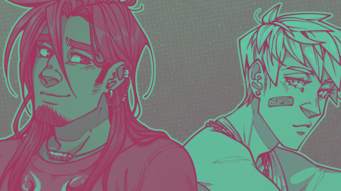 A header image featuring the artist's own character's faces with a heavy color filter.