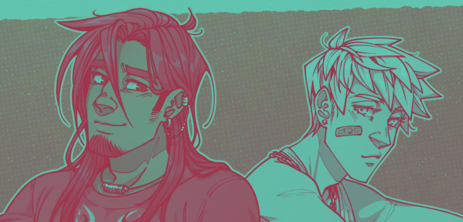 Header image. A header image featuring the artist's own character's faces with a heavy color filter.